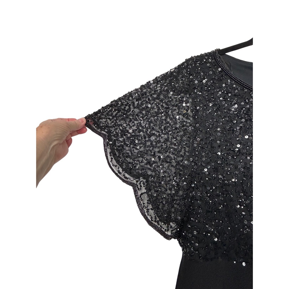 Adrianna Papell Sequin Sheath Dress Womens 14 Black Flutter Sleeve Ruffle Formal - Picture 9 of 10